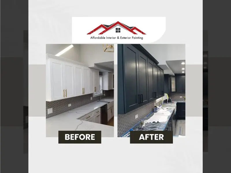 Side-by-side kitchen photos show the transformation achieved by painting cabinets from white to dark navy blue finish.