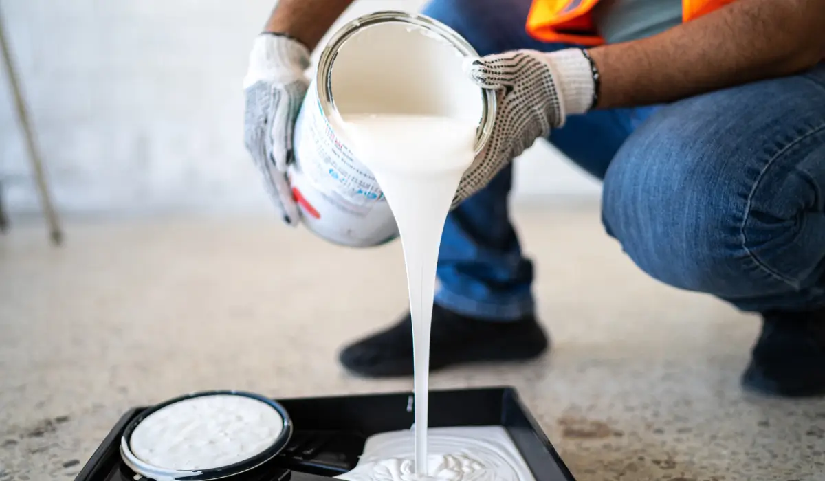 Barrington painting contractor pouring low-VOC white paint during interior prep for a winter painting project, wearing safety gloves and gear.