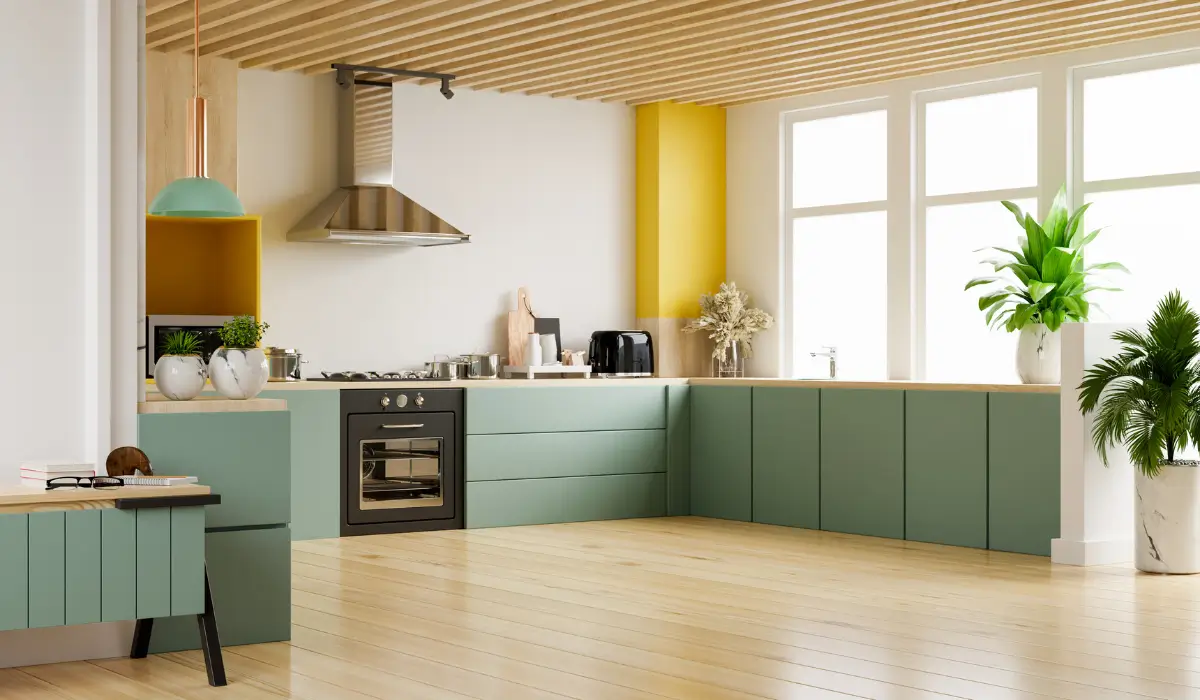 Top kitchen cabinet colors shown in sage green cabinets inside a modern Glen Ellyn IL kitchen styled for fall 2025.