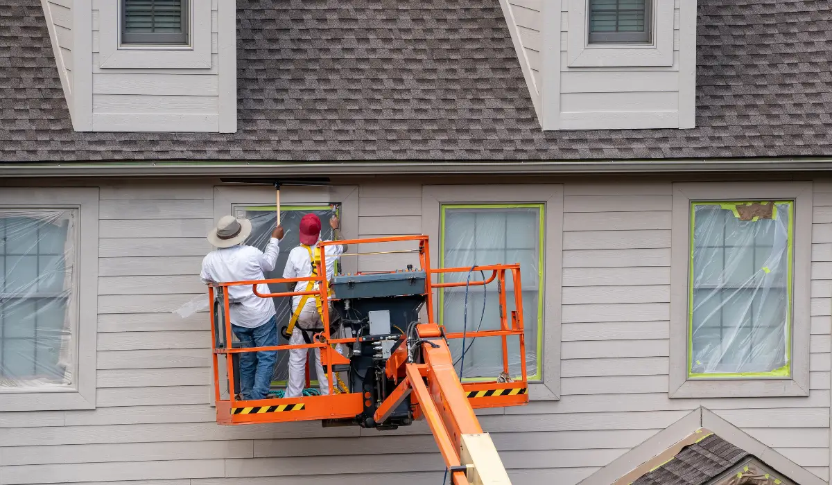 Licensed painting contractor in Barrington preparing exterior siding during a winter home project using lift equipment and protective materials.