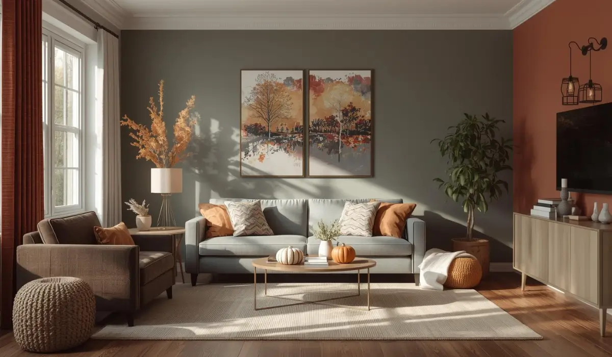 Cozy living room showcasing top fall color trends with sage green wall, autumn décor, and natural lighting.