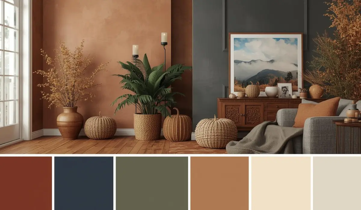 Living room interior showcasing top fall color trends with warm earth tones, dusty greens, muted navy, and creamy whites—ideal for cozy seasonal painting updates.