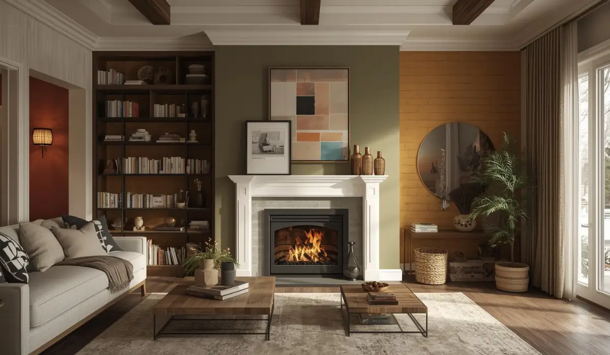Cozy living room with warm paint tones, fireplace, and accent walls showing how Interior Painting Tips create inviting winter-ready spaces.