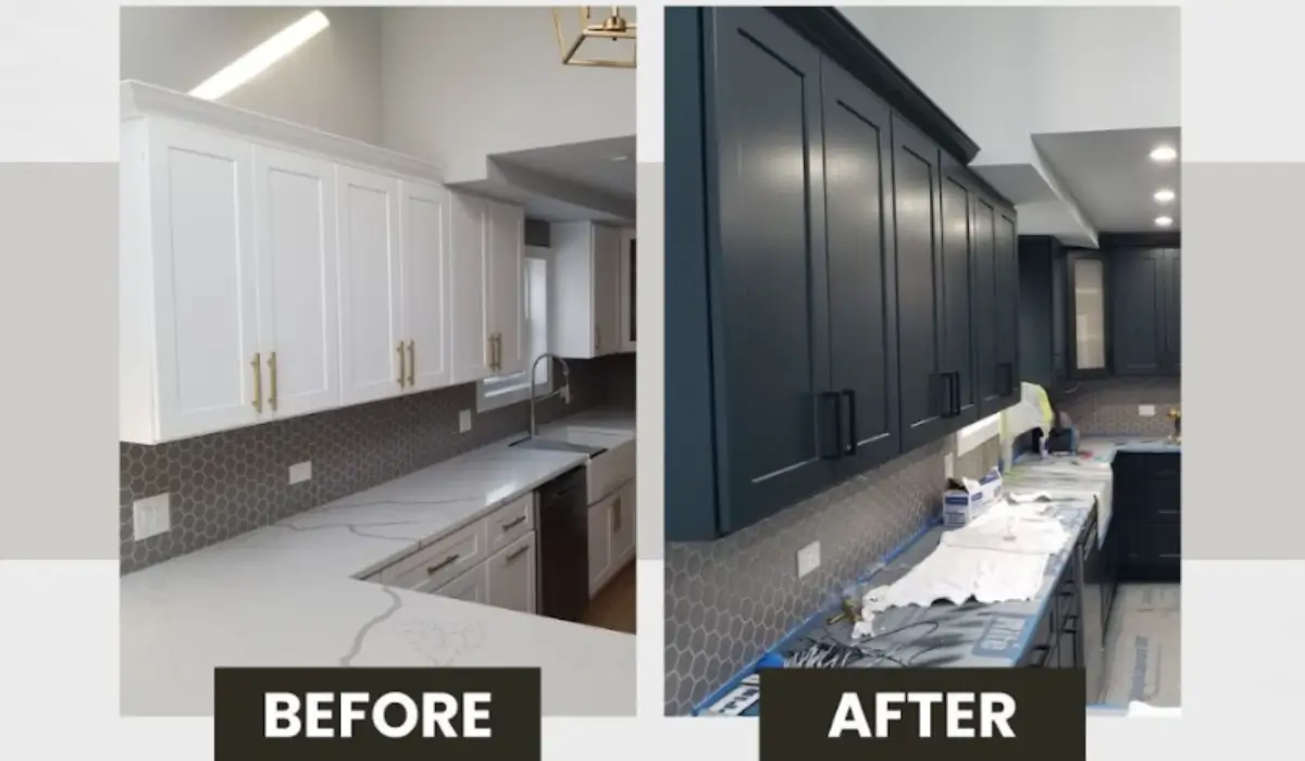 Kitchen cabinet paint transformation using deep winter colors in a Downers Grove home.